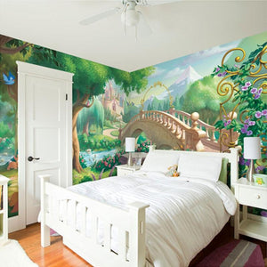 Cartoon Fairy Tale Bridge and Castle Kid's Wallpaper Mural, Custom Sizes Available
