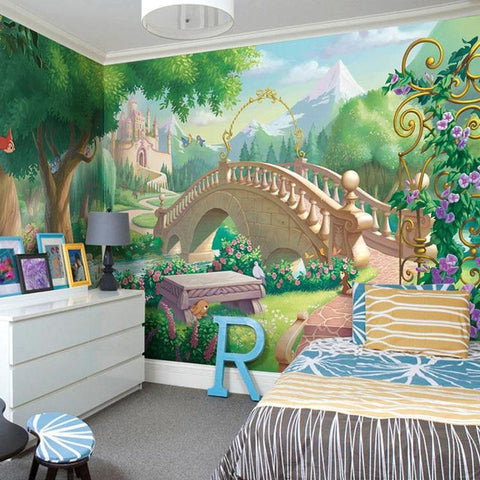 Image of Cartoon Fairy-Tale Bridge and Castle Kid's Wallpaper Mural Wall Murals Maughon's 