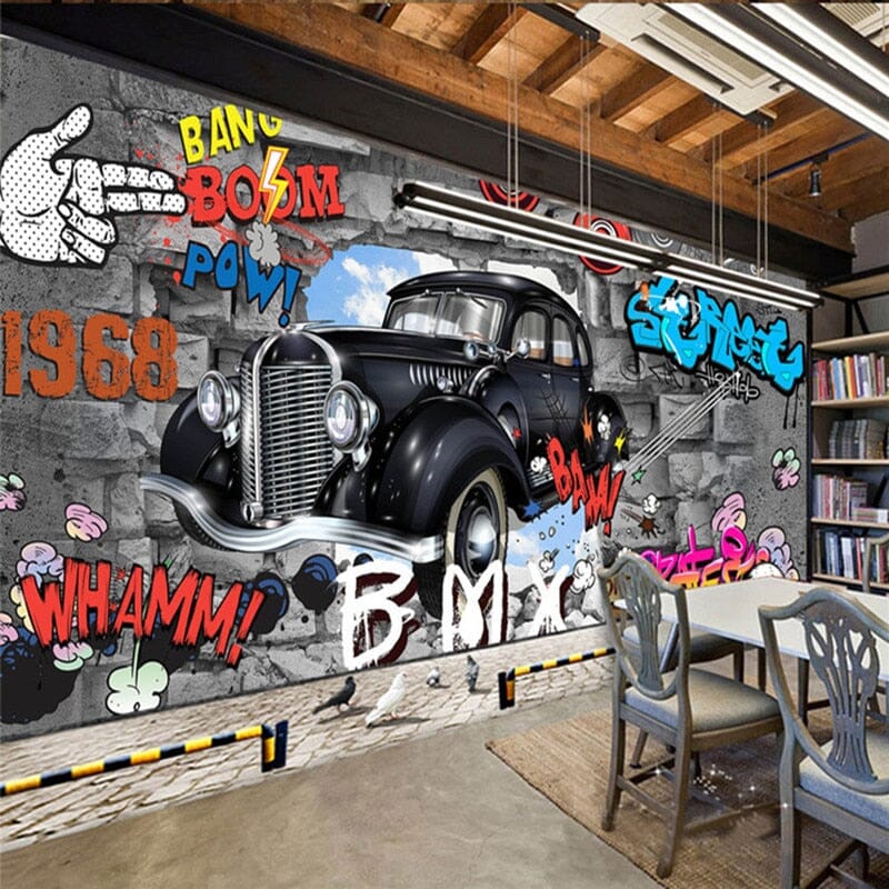 Cartoon Graffiti Dump Truck and Cars Kids Wallpaper Murals, 3 Options, Custom Sizes Available Wall Murals Maughon's Black Car 