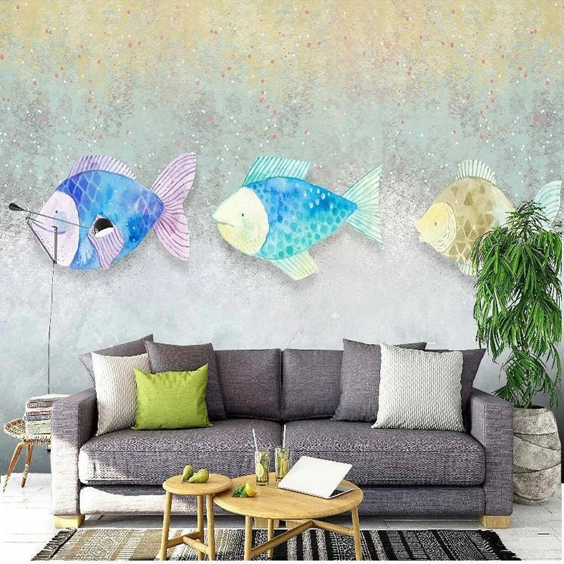 Cartoon Pastel Fish Wallpaper Mural, Custom Sizes Available Maughon's 