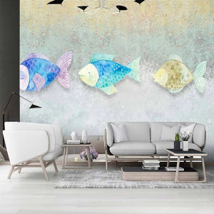 Cartoon Pastel Fish Wallpaper Mural, Custom Sizes Available