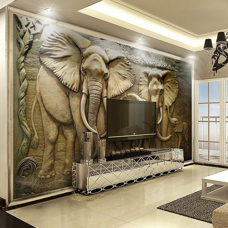 Carved Elephants Relief Wallpaper Mural, Custom Sizes Available Wall Murals Maughon's 