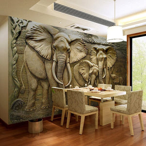 Carved Elephants Relief Wallpaper Mural, Custom Sizes Available