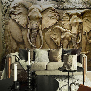 Carved Elephants Relief Wallpaper Mural, Custom Sizes Available Wall Murals Maughon's Waterproof Canvas 