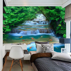 Cascading Waterfall With Koi Wallpaper Mural, Custom Sizes Available