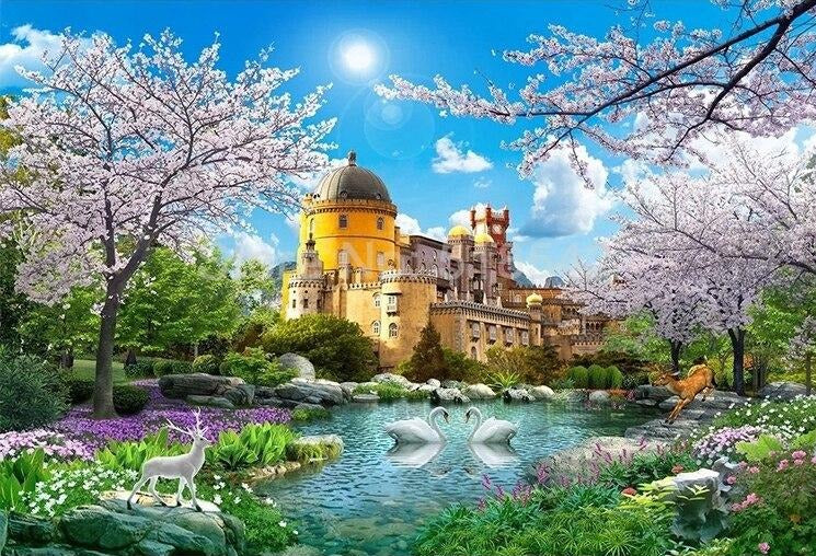 Castle With Garden in Spring Wallpaper Mural, Custom Sizes Available Wall Murals Maughon's 
