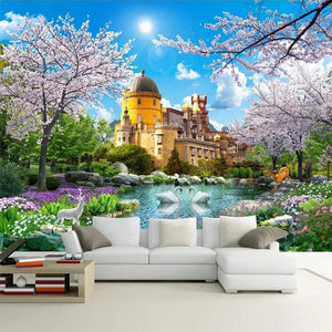 Castle With Garden in Spring Wallpaper Mural, Custom Sizes Available