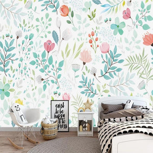 Delightful Flowers and Leaves Wallpaper Mural, Custom Sizes Available
