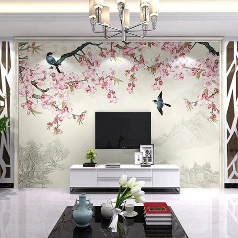 Charming Pink Blossoms and Birds Wallpaper Mural, Custom Sizes Available Wall Mural Maughon's 