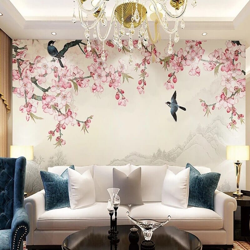 Charming Pink Blossoms and Birds Wallpaper Mural, Custom Sizes Available Wall Mural Maughon's 