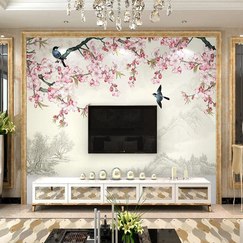 Image of Charming Pink Blossoms and Birds Wallpaper Mural, Custom Sizes Available Wall Mural Maughon's Waterproof Canvas 