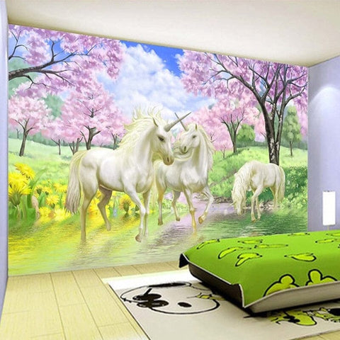 Image of Cherry Blossom and Unicorns Wallpaper Mural, Custom Sizes Available Wall Murals Maughon's 