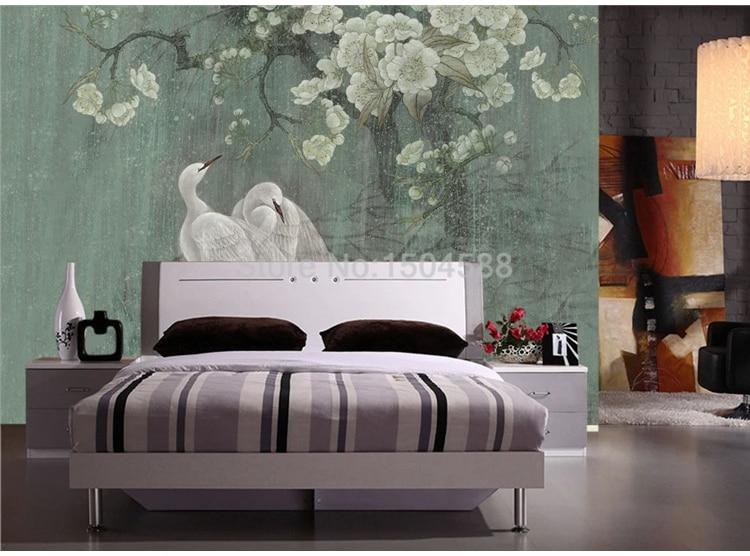 Chinese Hand Painted Flowers And Cranes Wallpaper Mural, Custom Sizes Available Household-Wallpaper Maughon's 