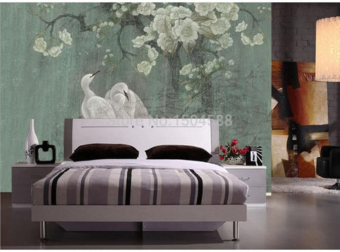 Image of Chinese Hand Painted Flowers And Cranes Wallpaper Mural, Custom Sizes Available Household-Wallpaper Maughon's 