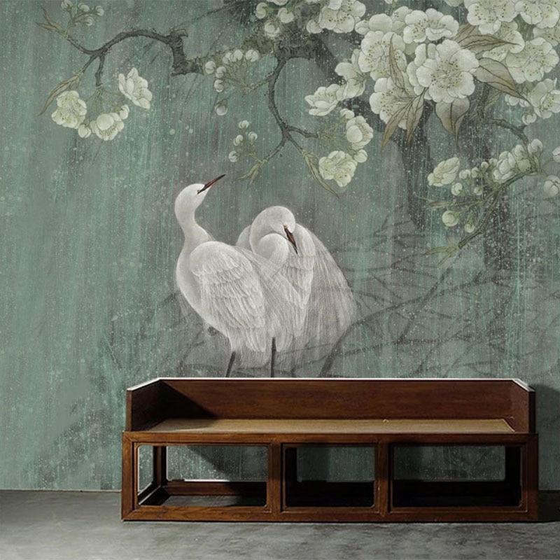 Chinese Hand Painted Flowers And Cranes Wallpaper Mural, Custom Sizes Available Household-Wallpaper Maughon's 