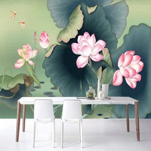 Chinese Style Lotus Flowers Wallpaper Mural, Custom Sizes Available