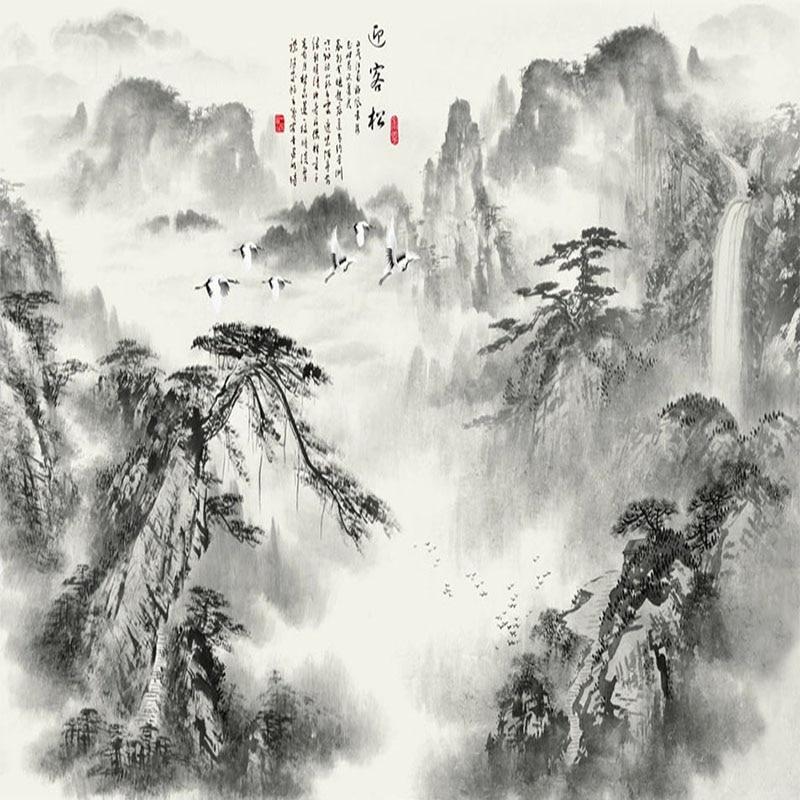 Chinese Ink Misty Mountains Wallpaper Mural, Custom Sizes