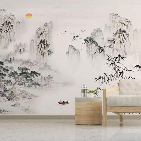 Chinese Style Abstract Ink Wallpaper Mural, Custom Sizes Available Household-Wallpaper Maughon's 