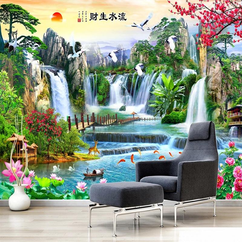 Chinese Style Colorful Waterfall Landscape Wallpaper Mural, Custom Sizes Available Household-Wallpaper Maughon's 
