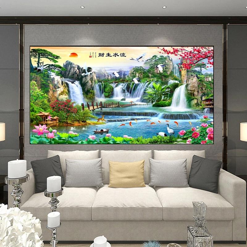 Chinese Style Colorful Waterfall Landscape Wallpaper Mural, Custom Sizes Available Household-Wallpaper Maughon's 