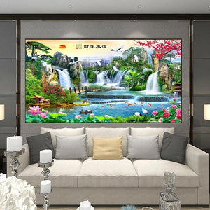 Chinese Style Colorful Waterfall Landscape Wallpaper Mural, Custom Sizes Available