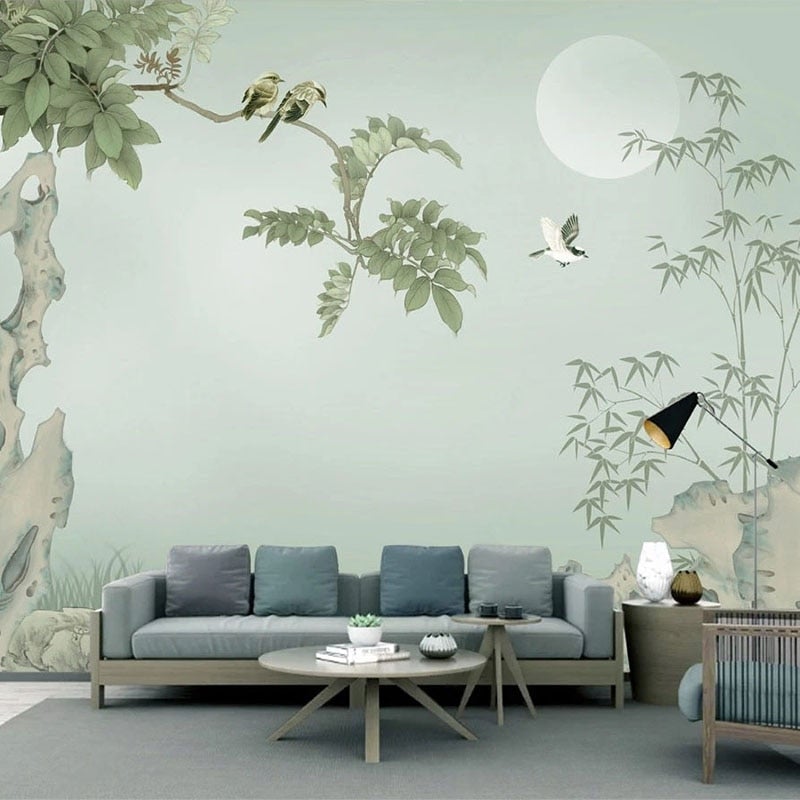 Chinese Style Hand Painted Bamboo and Birds Wallpaper Mural, Custom Sizes Available Wall Murals Maughon's 