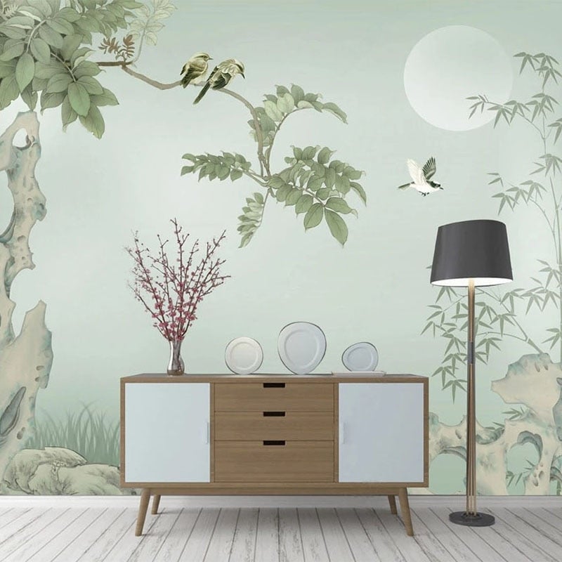 Chinese Style Hand Painted Bamboo and Birds Wallpaper Mural, Custom Sizes Available Wall Murals Maughon's 