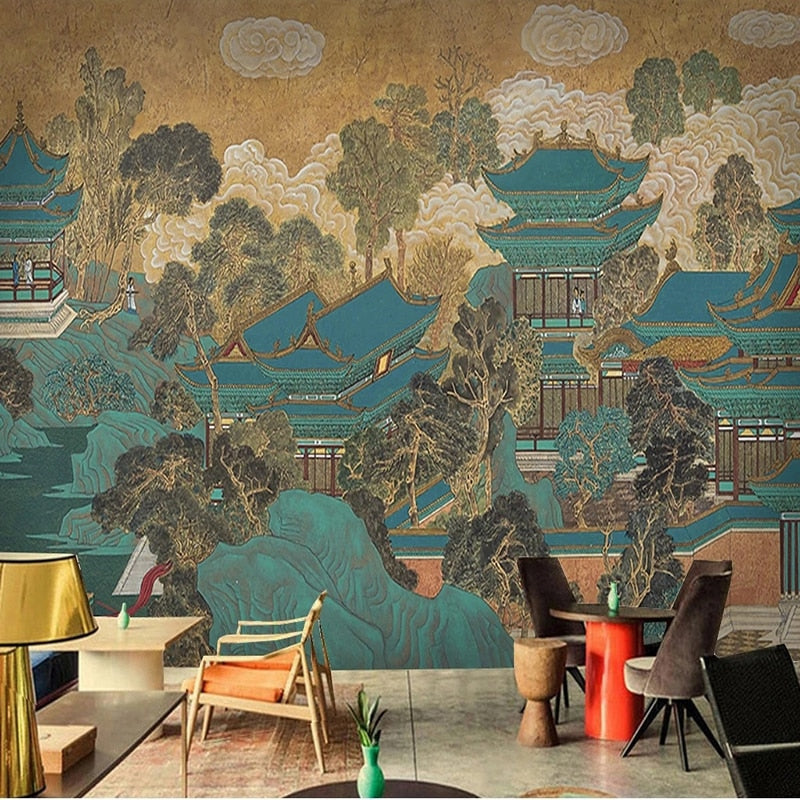 Chinese Style Hand Painted Temple Wallpaper Mural, Custom Sizes Available Wall Murals Maughon's 