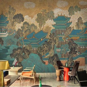 Exquisite Chinese-Style Hand-Painted Temple Wallpaper Mural, Custom Sizes Available