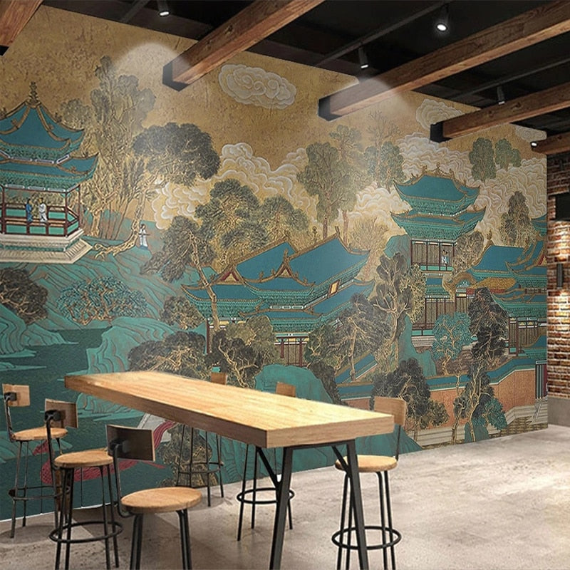 Chinese Style Hand Painted Temple Wallpaper Mural, Custom Sizes Available Wall Murals Maughon's 