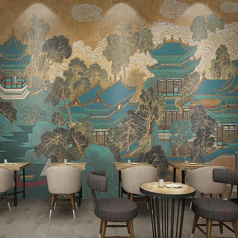 Chinese Style Hand Painted Temple Wallpaper Mural, Custom Sizes Available Wall Murals Maughon's Waterproof Canvas 