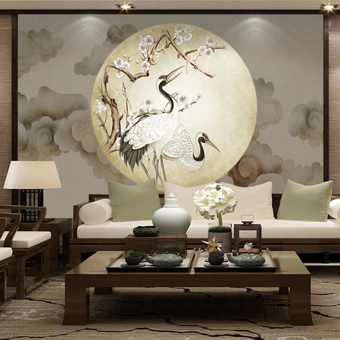Chinese Style Retro Crane and Moon Wallpaper Mural, Custom Sizes Available Maughon's 