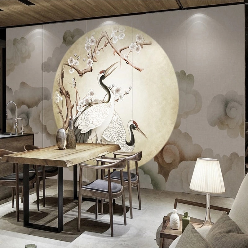 Chinese Style Retro Crane and Moon Wallpaper Mural, Custom Sizes Available Maughon's 