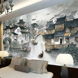 Chinese Village On The River Wallpaper Mural, Custom Sizes Available