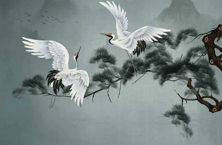 Chinoiserie Pines And Red-Crowned Cranes Wallpaper Mural, Custom Sizes Available Wall Murals Maughon's 