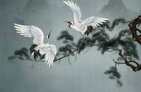 Image of Chinoiserie Pines And Red-Crowned Cranes Wallpaper Mural, Custom Sizes Available Wall Murals Maughon's 