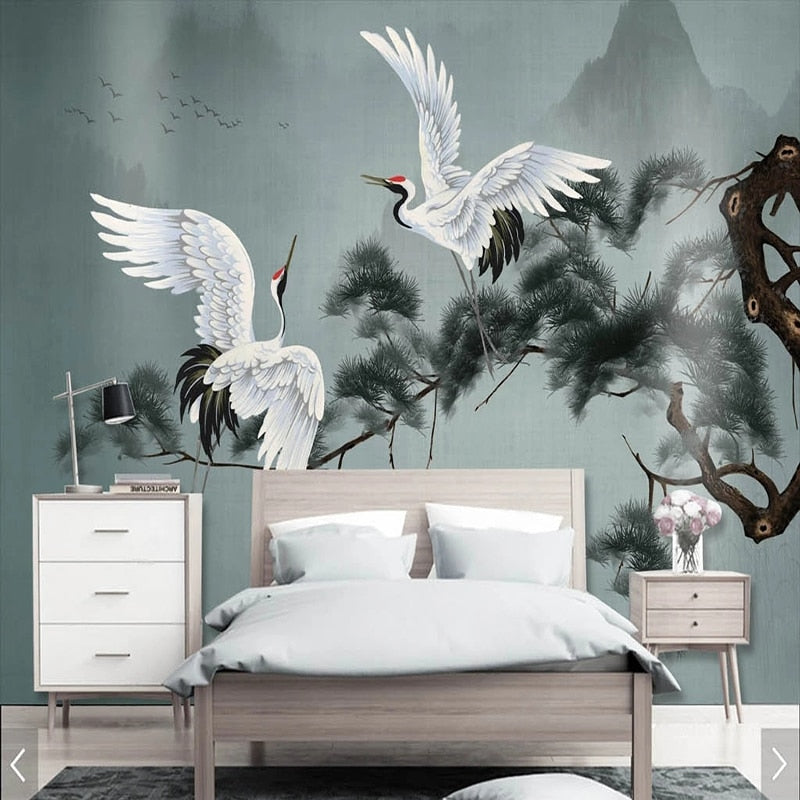 Chinoiserie Pines And Red-Crowned Cranes Wallpaper Mural, Custom Sizes Available Wall Murals Maughon's 