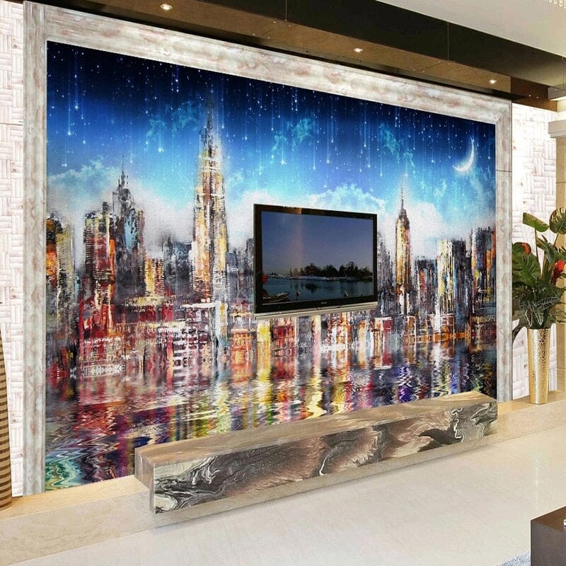 City Skyline Under the MoonWallpaper Mural, Custom Sizes Available Wall Murals Maughon's 