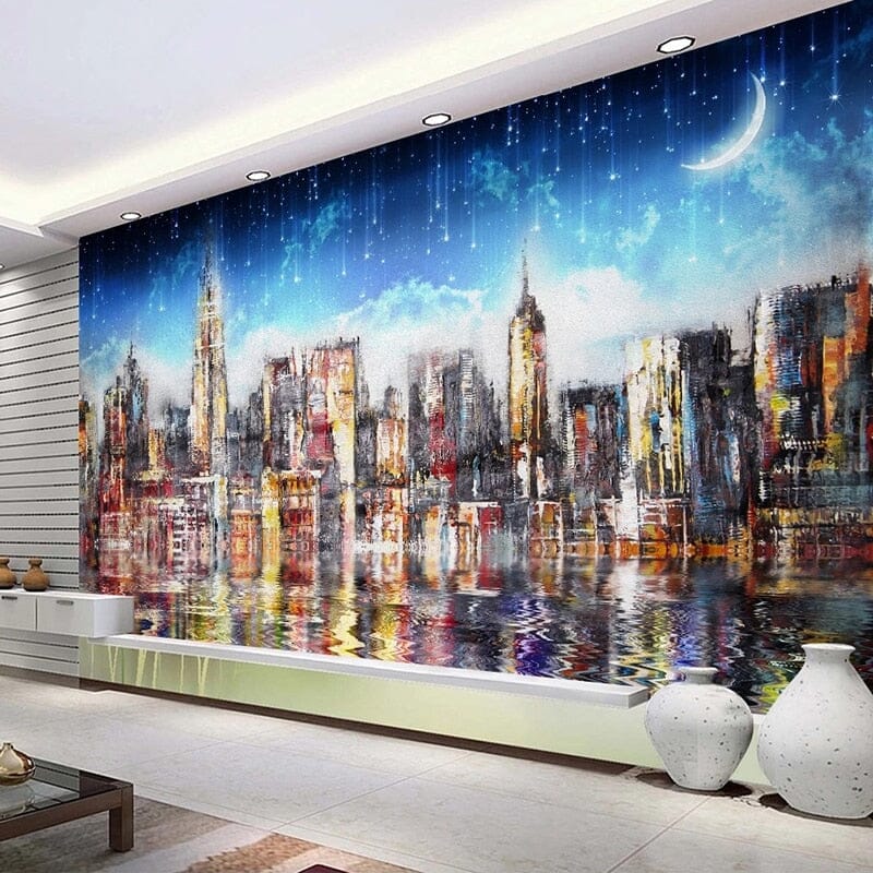 City Skyline Under the MoonWallpaper Mural, Custom Sizes Available Wall Murals Maughon's Waterproof Canvas 