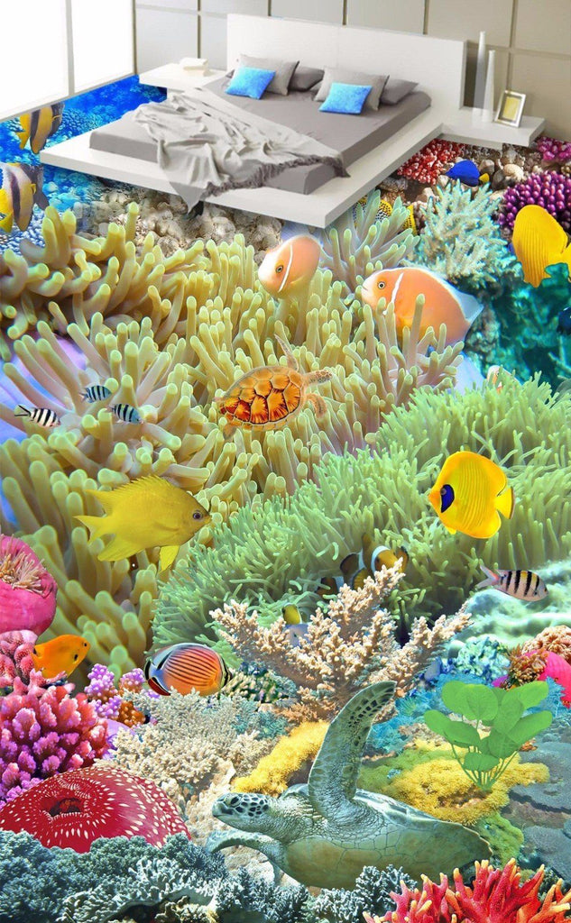 Colorful Fish and Coral Self Adhesive Floor Mural, Custom Sizes Available Floor Murals Maughon's 