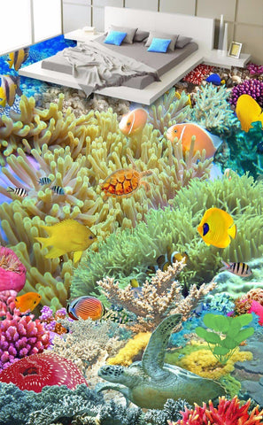 Image of Colorful Fish and Coral Self Adhesive Floor Mural, Custom Sizes Available Floor Murals Maughon's 