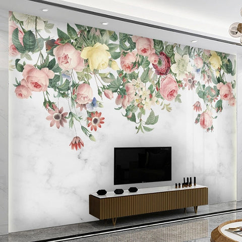 Image of Colorful Hand-Painted Floral Swag Botanical Wallpaper Mural, Custom Sizes Available Wall Murals Maughon's 