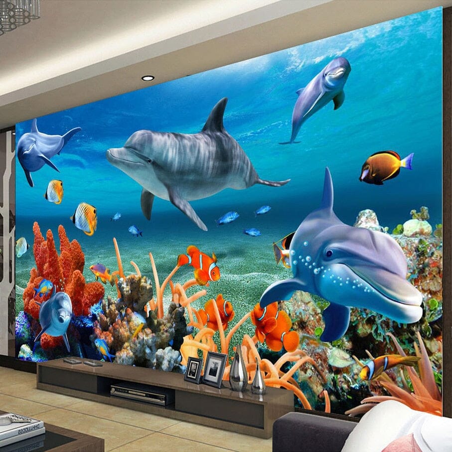 Coral, Dolphins in Coral Reef Wallpaper Mural, Custom Sizes Available Wall Murals Maughon's 