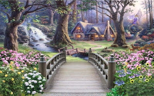 Quaint Cottage In the Woods Wallpaper Mural, Custom Sizes Available