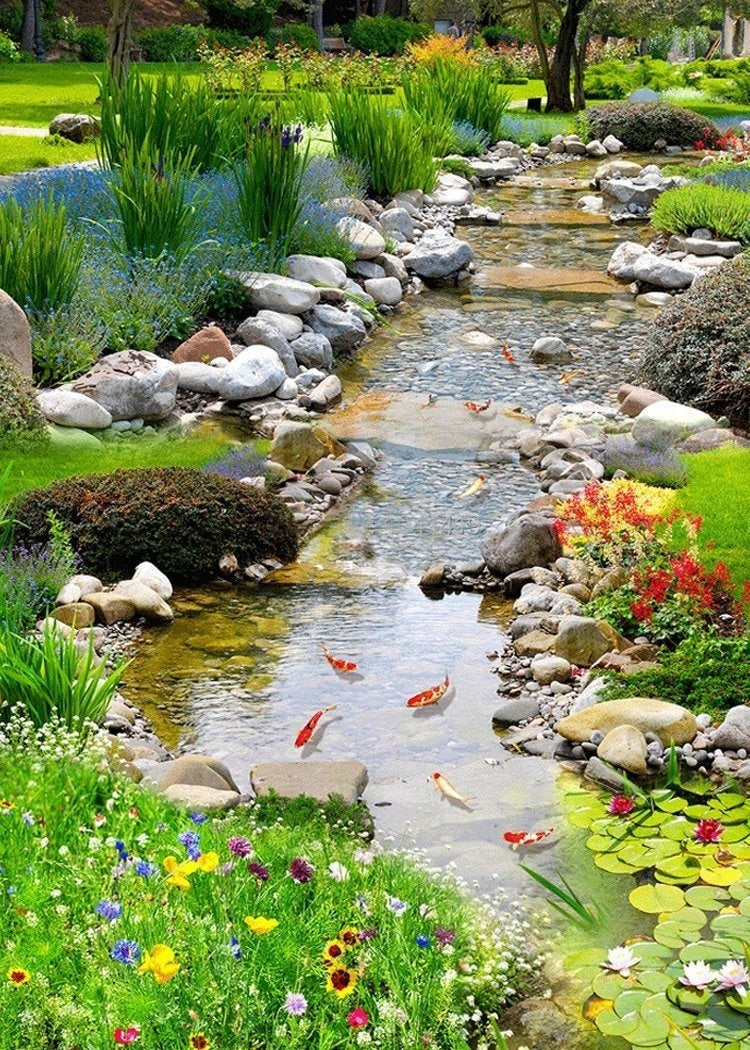 Countryside Brook With Flowers And Plants Self Adhesive Floor Mural , Custom Sizes Available