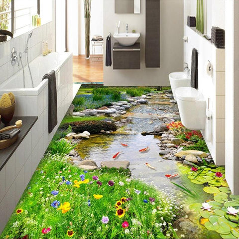 Image of Countryside Brook With Flowers And Plants Self Adhesive Floor Mural , Custom Sizes Available Floor Murals Maughon's 