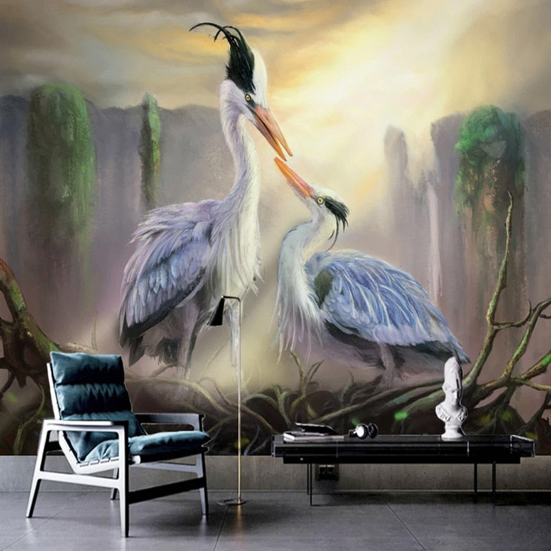Crane Pairing Oil Painting Wallpaper Mural, Custom Sizes Available Wall Murals Maughon's 