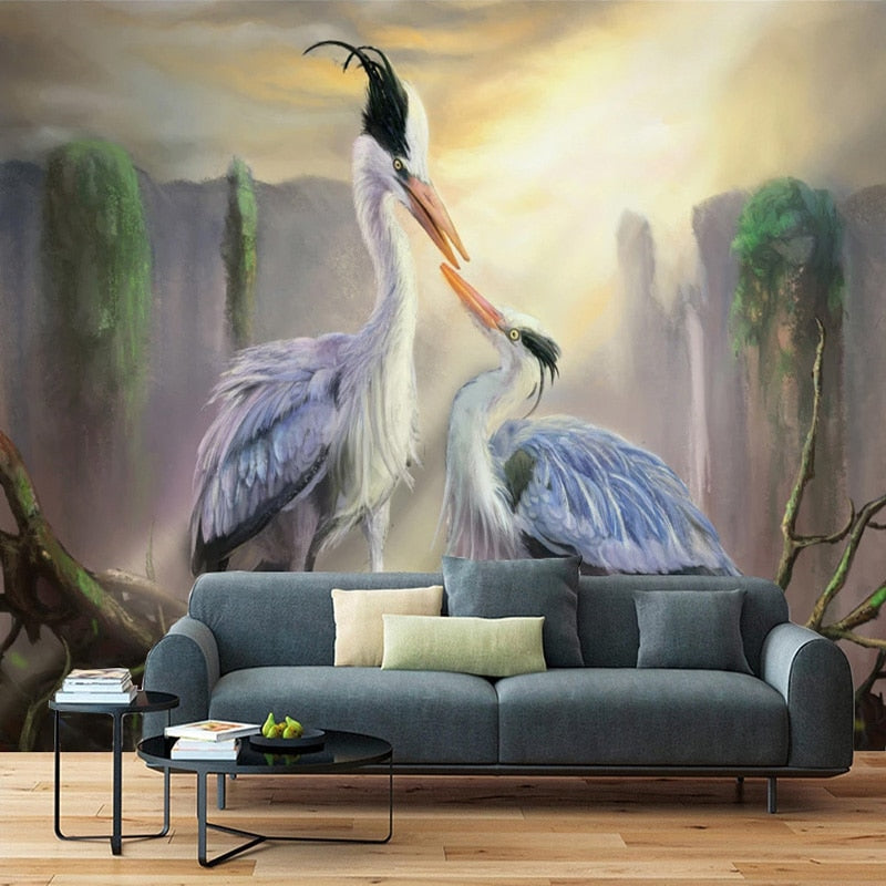 Crane Pairing Oil Painting Wallpaper Mural, Custom Sizes Available Wall Murals Maughon's 
