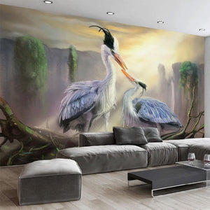 Crane Pairing Oil Painting Wallpaper Mural, Custom Sizes Available Wall Murals Maughon's Waterproof Canvas 