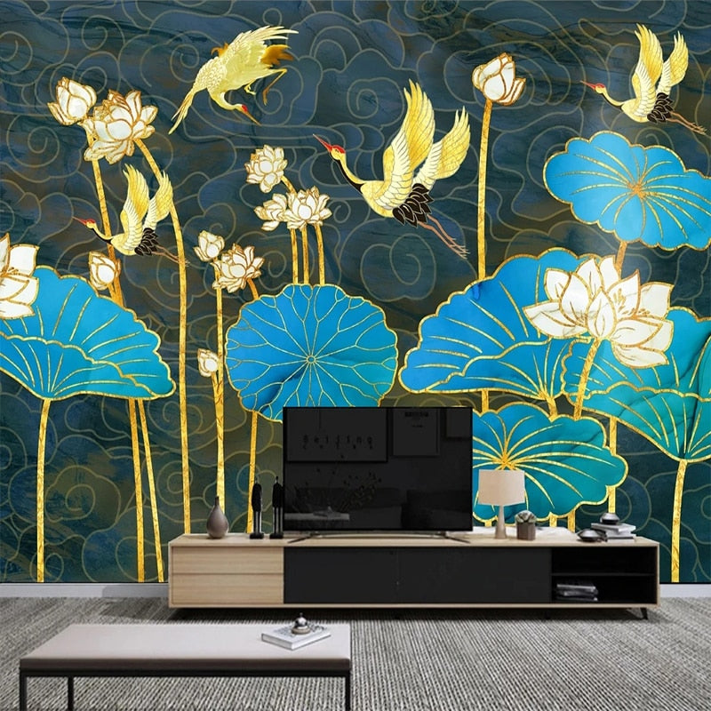 Cranes And Blue Lotus Wallpaper Mural, Custom Sizes Available Wall Murals Maughon's 